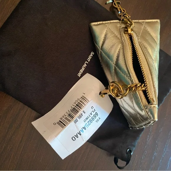 Saint Laurent Berlingo YSL Quilted Metallic Gold Leather Bag Charm Coin Purse - Picture 2 of 3